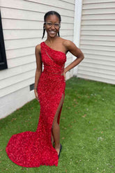 One Shoulder Red Formal Dress Sequin Prom Dress Mermaid with Slit
